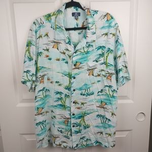 George Men's 2XL Blue Hawaiian Vintage Flying Fish Button Down Tee Shirt
